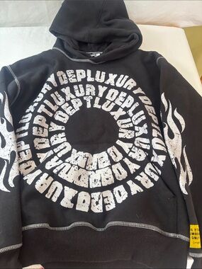 Black Graphic Hoodie with White Circular Text Print. Discontinued Graphic Print